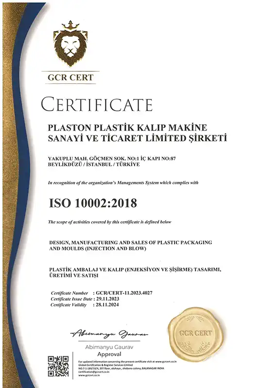 Plaston ISO 10002 certificate document