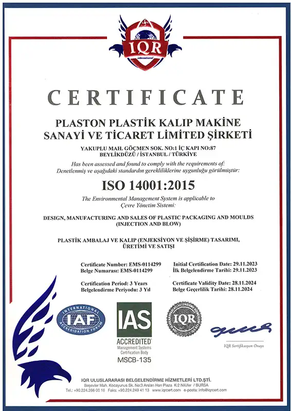 Plaston ISO 14001 certificate document