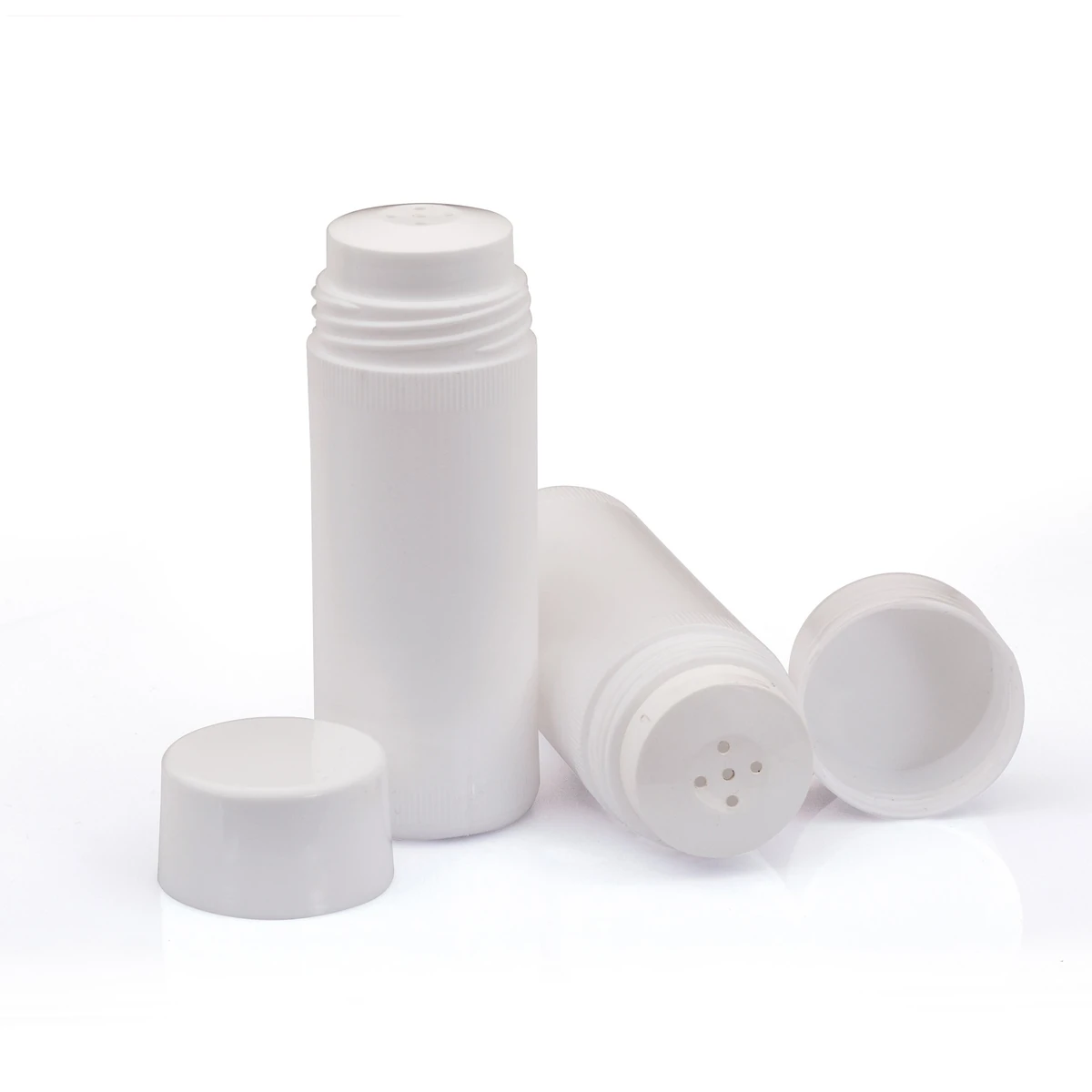 Baby powder bottle and screw cap shown from different angles