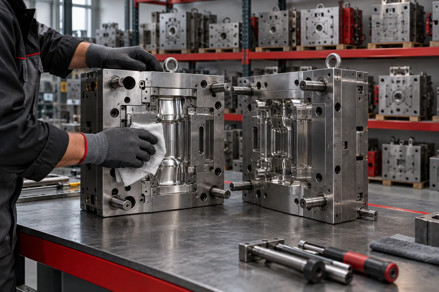 Illustration of injection mould care at a workbench and organised tooling storage