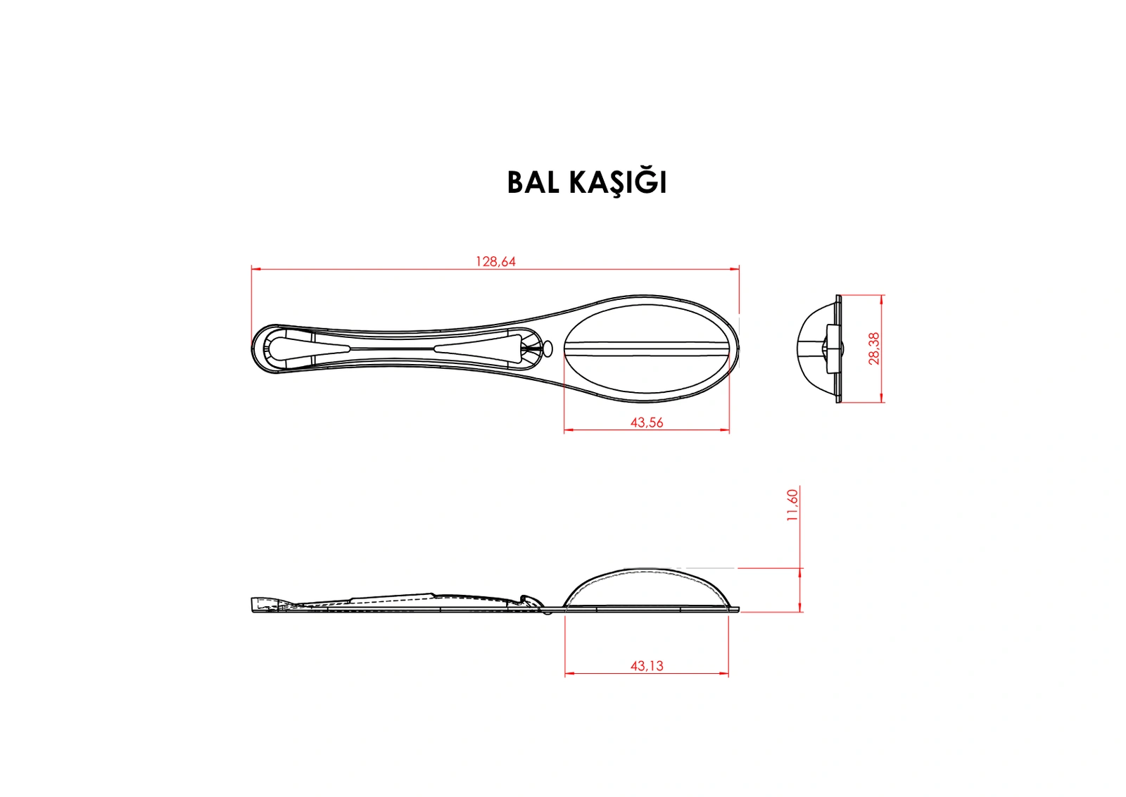 Honey spoon technical drawing with top, side and end views