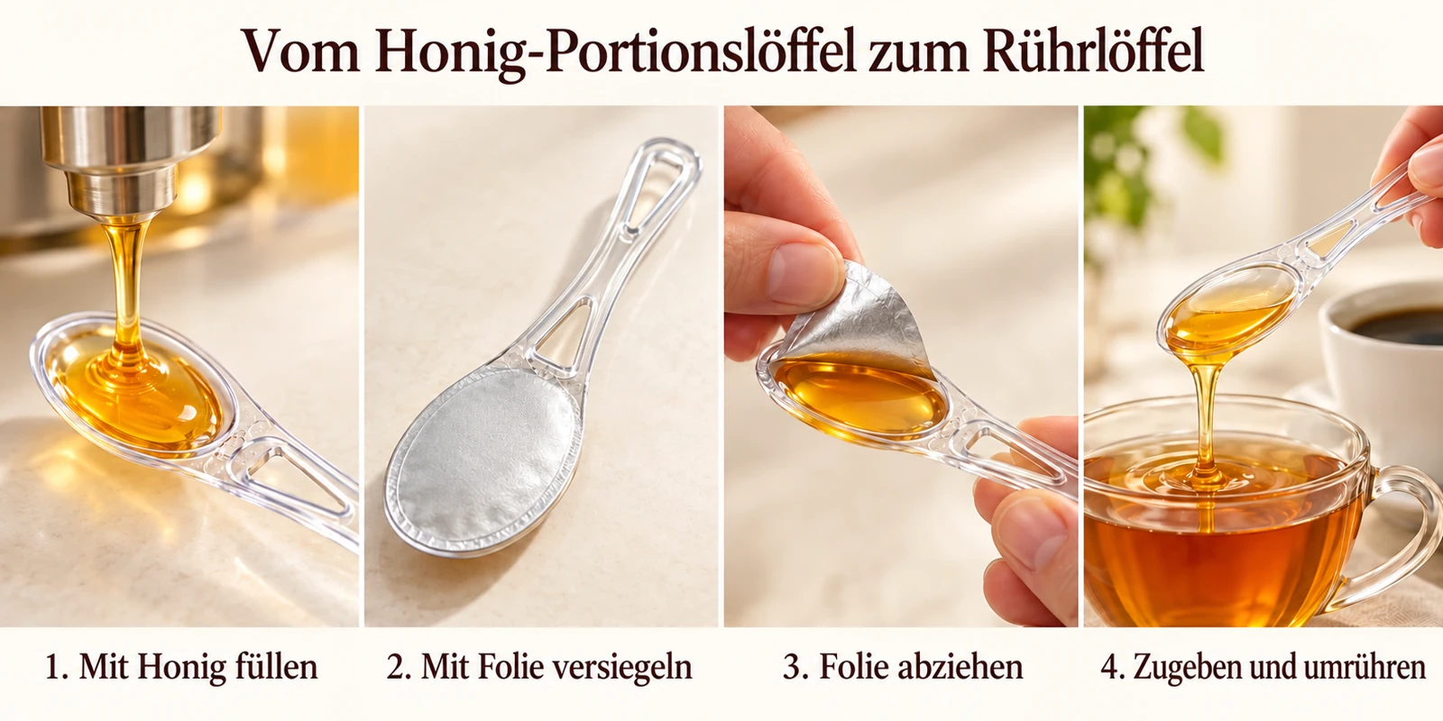 Honiglöffel: mit Honig füllen, mit Folie verschließen, Folie abziehen, Honig zugeben und umrühren