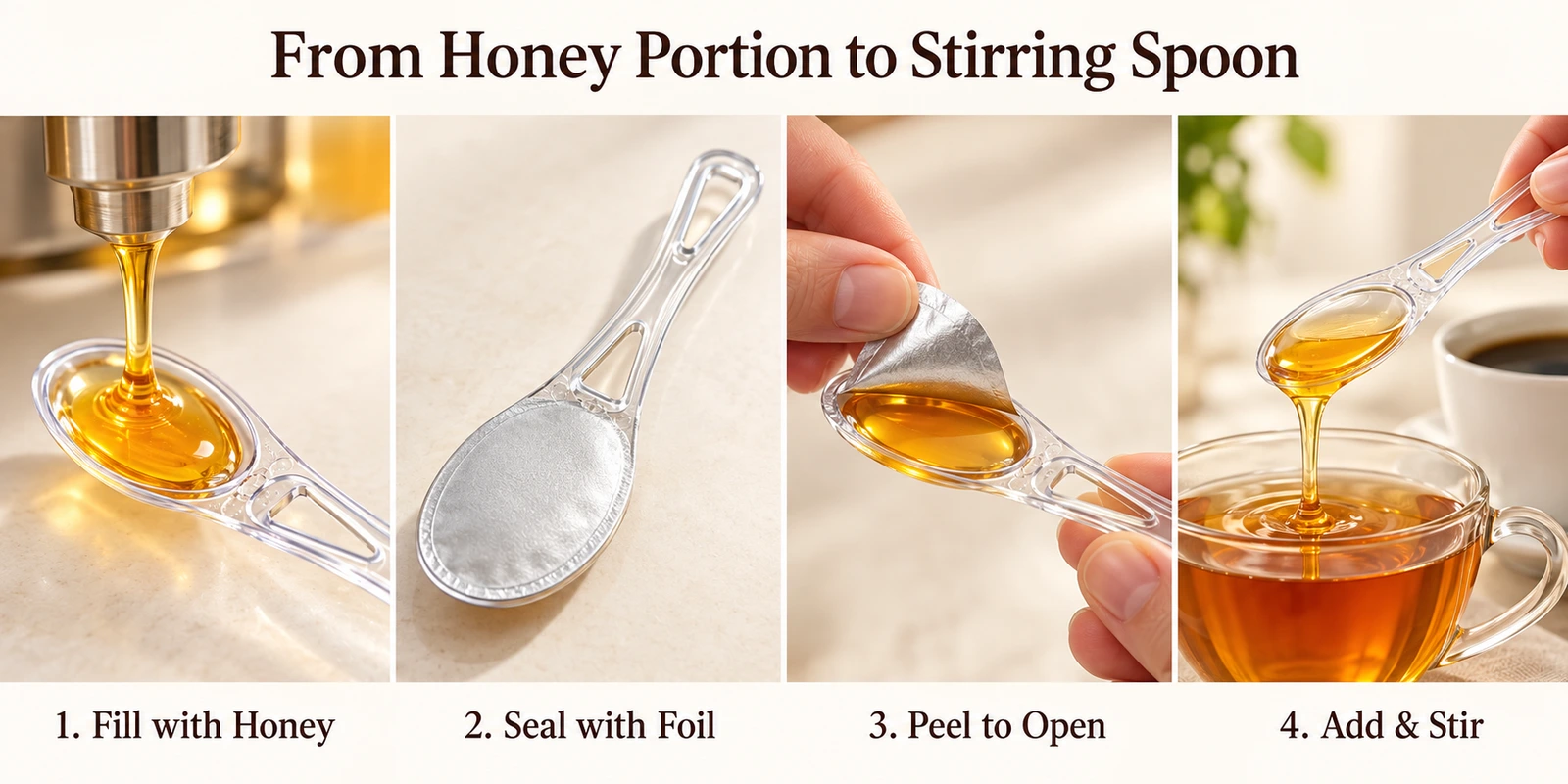 Honey spoon: fill with honey, seal with foil, peel to open, add and stir
