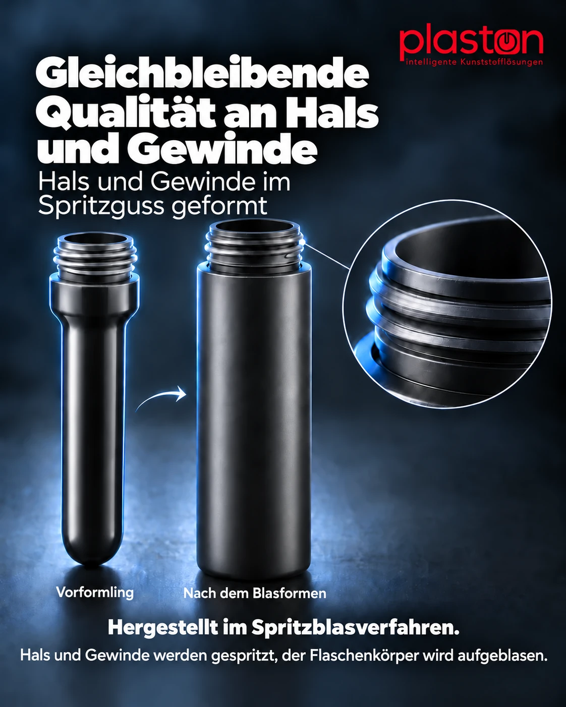 Spritzblasformen: Vorformling, fertige Flasche sowie Hals- und Gewindedetails