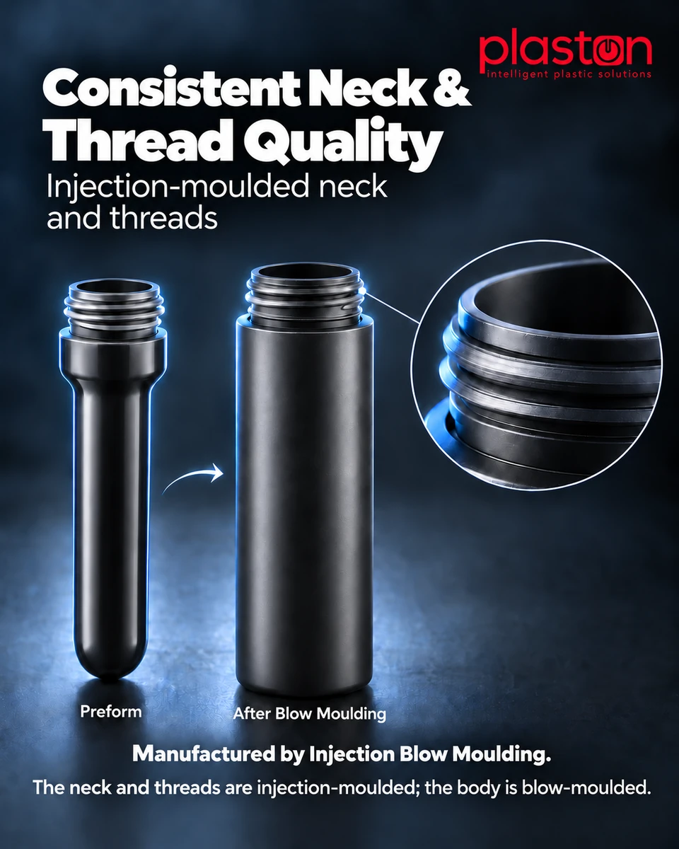 Injection blow moulding: preform, finished bottle and neck and thread details